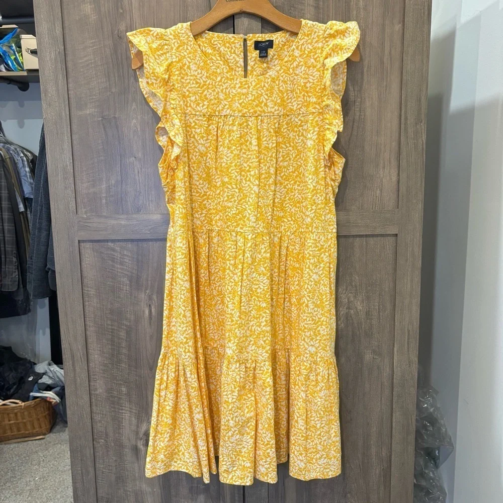 J. Crew Factory Linen Blend Printed Tiered Dress  Yellow Floral size 10